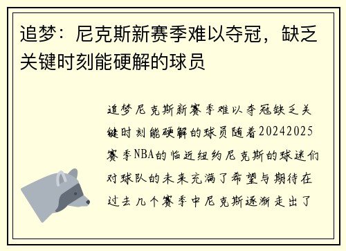 追梦：尼克斯新赛季难以夺冠，缺乏关键时刻能硬解的球员