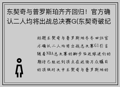 东契奇与普罗斯珀齐齐回归！官方确认二人均将出战总决赛G(东契奇破纪录)