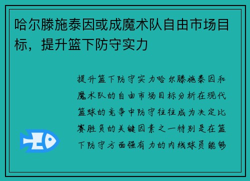 哈尔滕施泰因或成魔术队自由市场目标，提升篮下防守实力