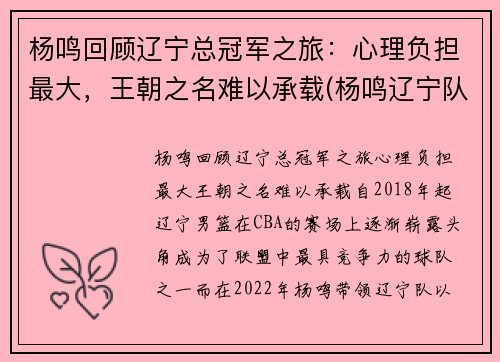 杨鸣回顾辽宁总冠军之旅：心理负担最大，王朝之名难以承载(杨鸣辽宁队比赛结果)